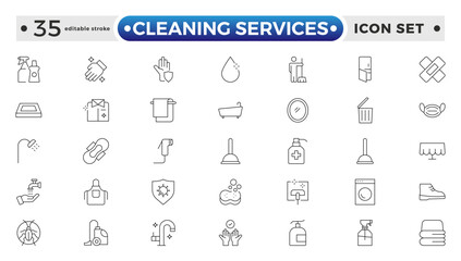 Cleaning Services icon set with broom, mop, vacuum cleaner, dustpan, duster, cleaning cloth, sponge, brush, cleaning spray, and bucket icon. Laundry, Window sponge. Editable stroke outline icon. 