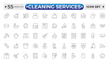 Cleaning Services icon set with broom, mop, vacuum cleaner, dustpan, duster, cleaning cloth, sponge, brush, cleaning spray, and bucket icon. Laundry, Window sponge. Editable stroke outline icon. 