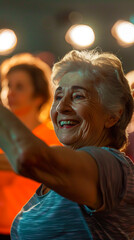 Obraz premium Happy senior woman doing Zumba in gym class..