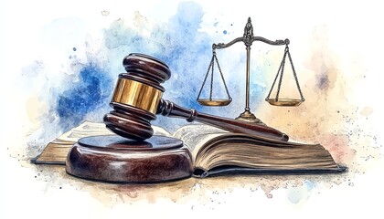 A watercolor representation of a gavel, the scales of justice, and an open book, emphasizing the fundamental principles of law and legal judgment