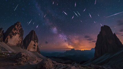 Perseid Meteor Shower Over Dolomite Mountain Peaks with a Stunning Milky Way
