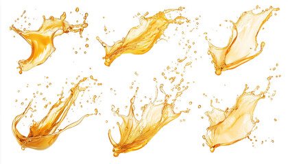 Collection of Dynamic Golden Liquid Splashes isolated with Transparent Background