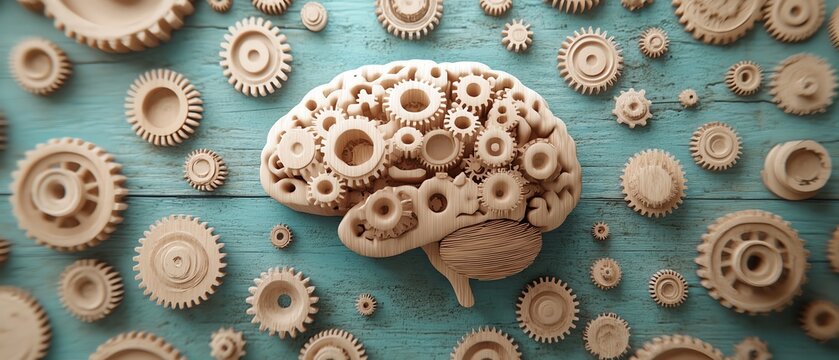 Abstract visualization of wooden gears connecting to a human brain