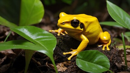 Naklejka premium Golden Poison Frog at Base of Tropical Tree in Sunlight