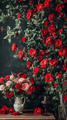 red roses in vintage vase with glassware on wooden table