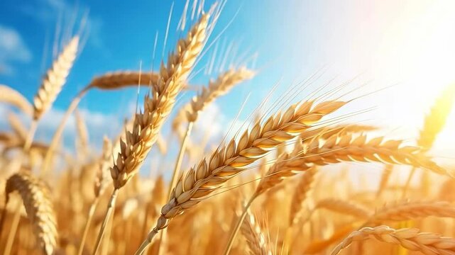 Close-up, low-angle video of golden wheat fields under a bright blue sky, capturing the essence of a sunny, serene agricultural landscape. Live desktop wallpaper.