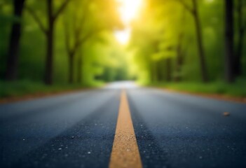 Obraz premium Generative AI Image showcasing a serene road with a yellow line cutting through a blurred lush green forest