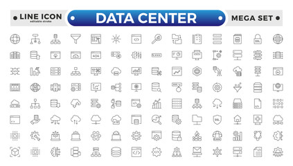 Data Center outline icon set. Data storage, cloud storage data, technology services, server, Data thin line icons. Editable stroke outline icon. 
