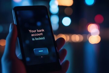 A smartphone screen showing a phishing alert stating 'Your bank account has been locked,' emphasizing the dangers of online banking fraud.