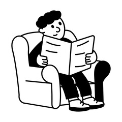 Doodle illustration of a man sitting on sofa reading newspaper 

