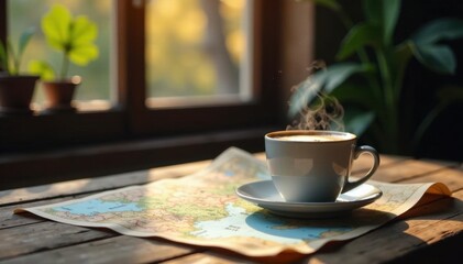 Rustic wood, steaming coffee, map, tech Inspiring travel setup , explore, discover
