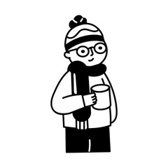 Doodle illustration of a character in winter clothing drinking coffee 

