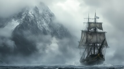 Fototapeta premium Misty Mountains, Sailing Ship