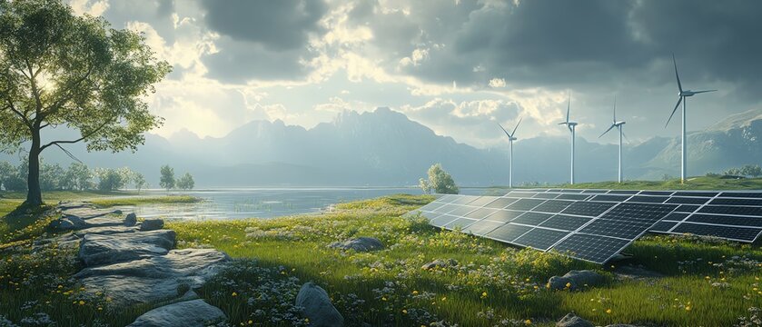 Renewable energy concept with solar panels and wind generators under a cloudy sky, 3D rendering of sustainable energy solutions