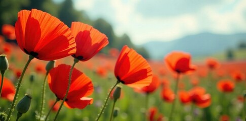 Fototapeta premium Vibrant red poppies in full bloom, swaying gently in breeze, texture, image, image