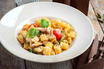 Rigatoni pasta with chicken, mushrooms and fresh tomatoes, served on a white plate with parmesan and basil, close up