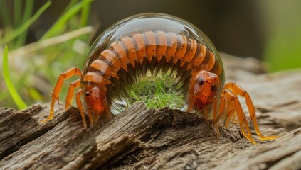 A close up view of a segmented orange arthropod