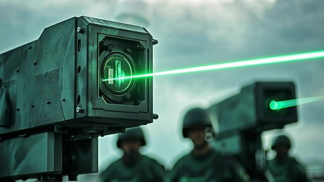 Laser Weapon Systems: Modern military technology with powerful laser beams and soldiers in uniform, depicting advanced defense and combat capabilities
