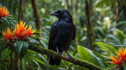 Majestic Hawaiian Crow Perched Amid Lush Rainforest, Surrounded by Colorful Tropical Flowers