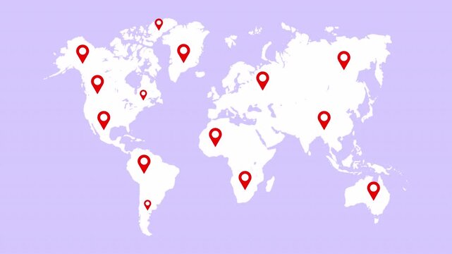 World map pin location animation, animated global world map pin pointer location. pin location allover the world map.
