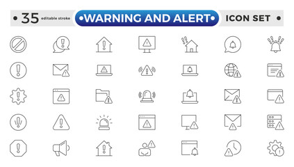 Warning and risk. Set of line icons in linear style. Warning exclamation mark, attention, danger, notice, stop. Alerts and Warning outline icon collection. Editable stroke outline icon. 
