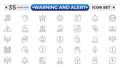 Warning and risk. Set of line icons in linear style. Warning exclamation mark, attention, danger, notice, stop. Alerts and Warning outline icon collection. Editable stroke outline icon. 
