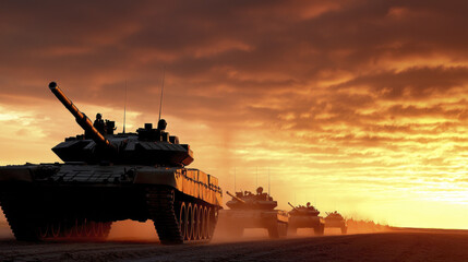 Military tanks on dirt road during sunset, showcasing power and strength