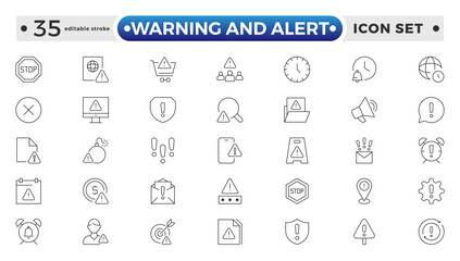 Warning and risk. Set of line icons in linear style. Warning exclamation mark, attention, danger, notice, stop. Alerts and Warning outline icon collection. Editable stroke outline icon. 
