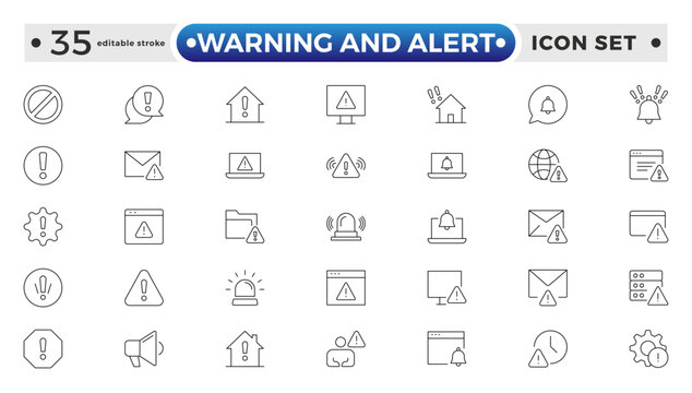 Warning and risk. Set of line icons in linear style. Warning exclamation mark, attention, danger, notice, stop. Alerts and Warning outline icon collection. Editable stroke outline icon. 
