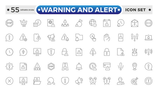Warning and risk. Set of line icons in linear style. Warning exclamation mark, attention, danger, notice, stop. Alerts and Warning outline icon collection. Editable stroke outline icon. 
