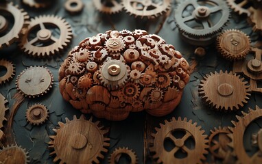 Wooden gears swirling around a human brain, representing autism and neurodiversity, creative thinking, and individuality, highresolution, 4K