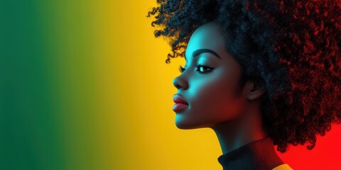 Vibrant Portrait of a Woman with Natural Curls Against a Colorful Background: Artful Expression