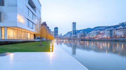 Modern cityscape waterfront promenade