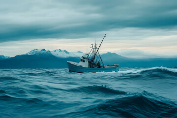 Obraz premium A fishing trawler navigates rough seas against a backdrop of snow-capped mountains under a dramatic sky.