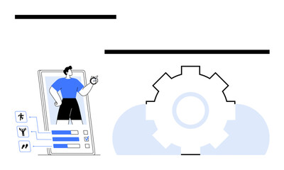 User analyzing fitness stats on mobile app with gear icon symbolizing customization, technology, and optimization. Ideal for health tech, fitness tracking, app development, goal setting