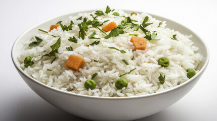 bowl of white rice garnished with green peas and orange carrots, creating fresh and appetizing dish