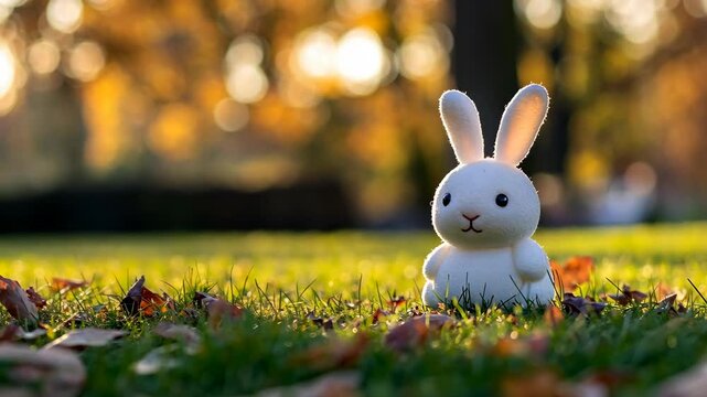 Soft white bunny toy sits on lush green grass among colorful autumn leaves in a serene outdoor park during golden hour
