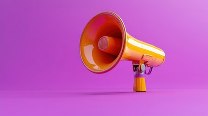 Orange megaphone stands against a vivid purple backdrop, glossy and reflective