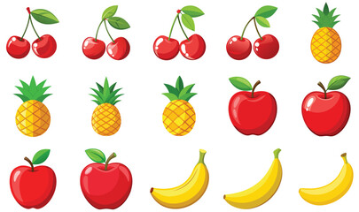Colorful set of fresh fruits and vegetables illustration with various healthy items like apples, bananas, strawberries, and more