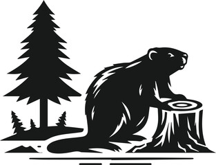 Beaver standing near a partially felled tree vector