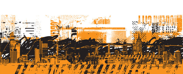 Vector abstraction on the theme of urbanism. Street art in grunge style on the background of spots and geometric figures from elements of the architecture of the big city, newspaper clippings. T-shirt