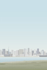 Naklejka premium Minimalist cityscape view from lakeside have skyscrapers far away and blue sky vertical background graphic illustration.