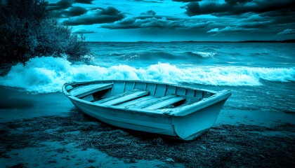 Fototapeta premium Solitary rowboat on a dramatic, stormy sea shore; teal-toned seascape; weathered wooden boat on beach with crashing waves.