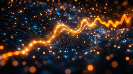 Orange wave with bright bokeh over dark patterned surface with lights