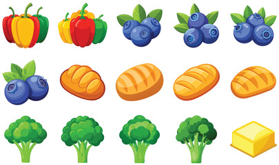 Set of blue and green berries with leaves and various vegetables including tomato, pepper, onion, carrot, cucumber, pumpkin, cabbage, and eggplant, all illustrated in a fresh and healthy style