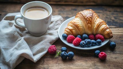 Rustic Breakfast Flatlay with Croissant, Coffee, and Berries. Horizontal banner