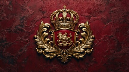 Fototapeta premium Royal Crest: Gold Emblem with Crown on Red Background