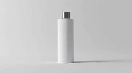Sleek White Cosmetic Bottle with Silver Cap on White Background Minimalist Design for Beauty and Health Product Packaging