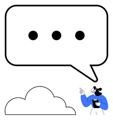 Large speech bubble containing three dots floats above a cloud, with a person in blue holding a tablet and pointing upwards. Ideal for communication, idea sharing, discussion, brainstorming
