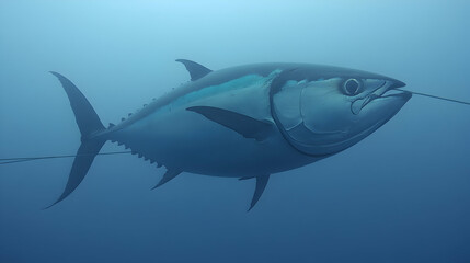 Obraz premium A large tuna caught on a fishing line, underwater shot showcasing its size and detail against a deep blue backdrop.